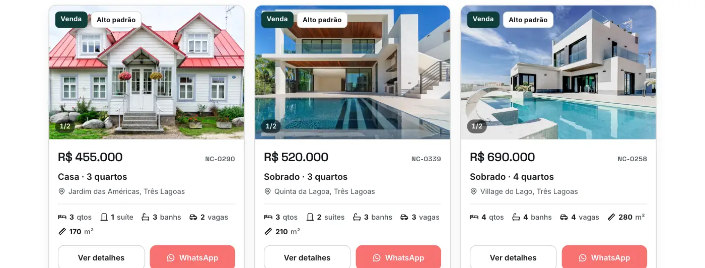 Catálogo do site de demonstração no computador, com cards de imóveis e filtros