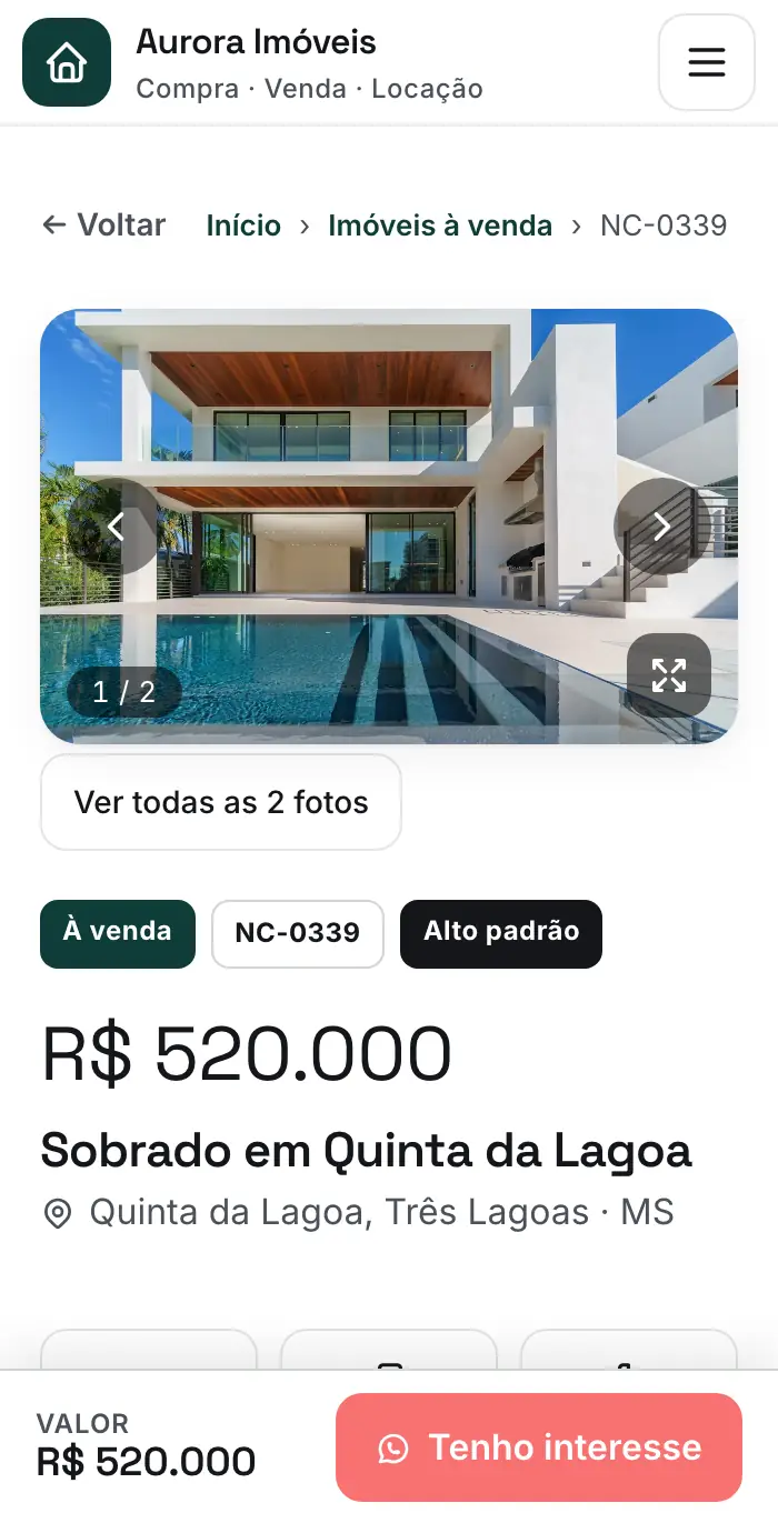 Página de um imóvel no celular, com preço, fotos e botão Tenho interesse