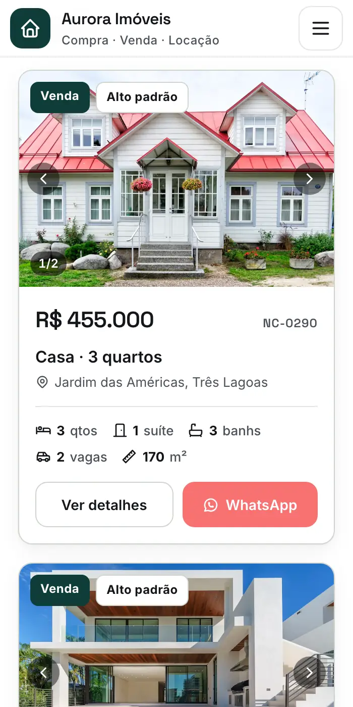 Catálogo de imóveis do site de demonstração, visto no celular
